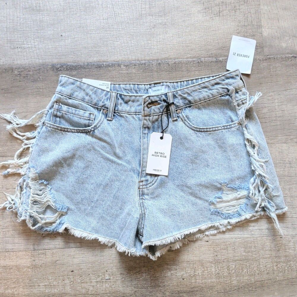 Forever 21 Retro High Rise Denim Shorts Womens 29 Light Wash Fringe Distressed